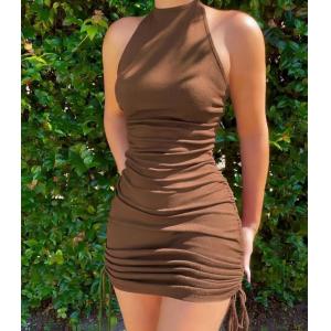 Brown Women Sexy Sleeveless Bodycon Dress Thigh Drawstring Ruched Bandage Halter Neck Dresses Clubwear